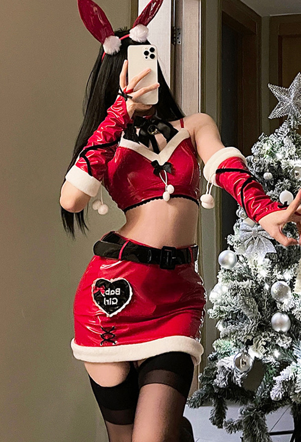 Christmas Gothic Red Sexy Bunny Girl Set Halter Bra and Cutout Skirt with Thong