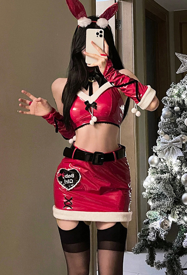 Christmas Gothic Red Sexy Bunny Girl Set Halter Bra and Cutout Skirt with Thong