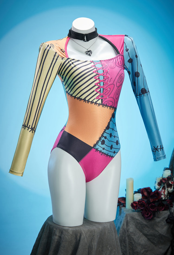Sweet Nightmare Gothic Colorful Printed Patchwork One-piece Swimsuit Long-sleeved Cutout Bathing Suit with Necklace
