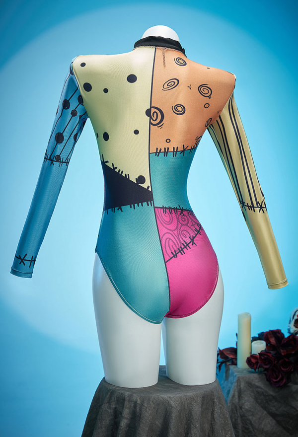 Sweet Nightmare Gothic Colorful Printed Patchwork One-piece Swimsuit Long-sleeved Cutout Bathing Suit with Necklace
