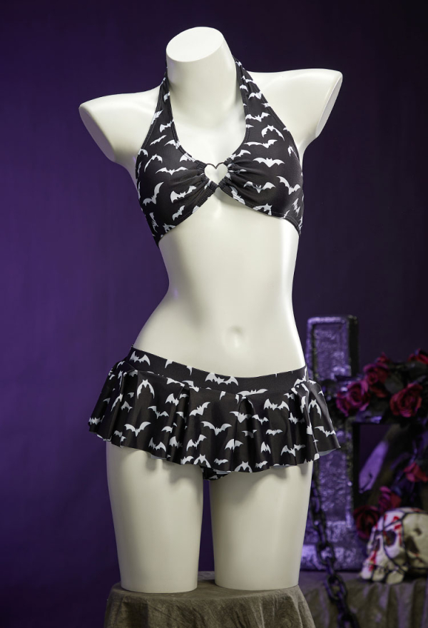 Dark Heart Bat Print Swimsuit Heart-shaped Design Top and Mini Skirt Two Pieces Black Purple Swimwear Dark Heart Bat Print Swimsuit Heart-shaped Design Top and Mini Skirt Two Pieces Black Purple Swimwear