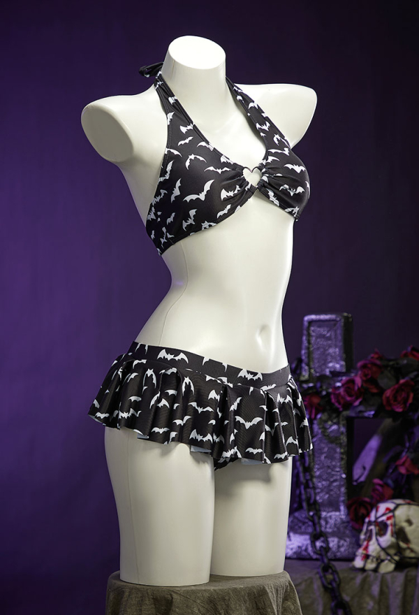Dark Heart Bat Print Swimsuit Heart-shaped Design Top and Mini Skirt Two Pieces Black Purple Swimwear Dark Heart Bat Print Swimsuit Heart-shaped Design Top and Mini Skirt Two Pieces Black Purple Swimwear