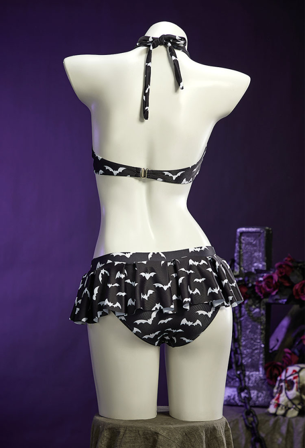 Dark Heart Bat Print Swimsuit Heart-shaped Design Top and Mini Skirt Two Pieces Black Purple Swimwear Dark Heart Bat Print Swimsuit Heart-shaped Design Top and Mini Skirt Two Pieces Black Purple Swimwear