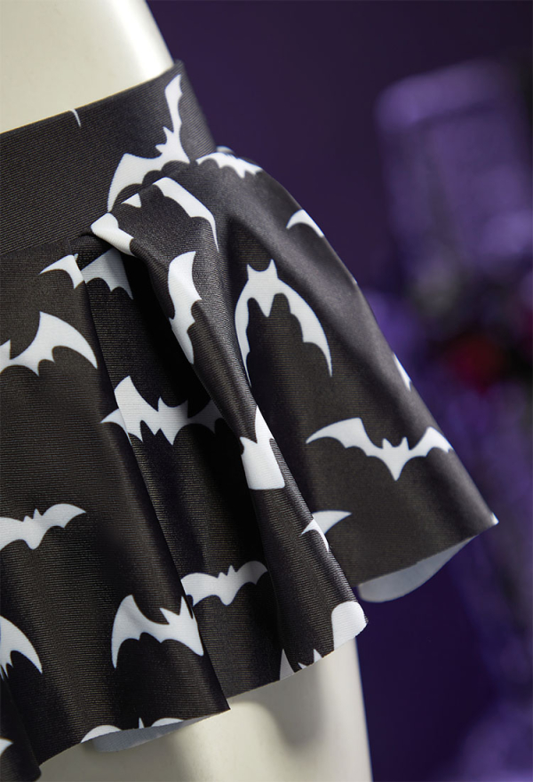 Dark Heart Bat Print Swimsuit Heart-shaped Design Top and Mini Skirt Two Pieces Black Purple Swimwear Dark Heart Bat Print Swimsuit Heart-shaped Design Top and Mini Skirt Two Pieces Black Purple Swimwear