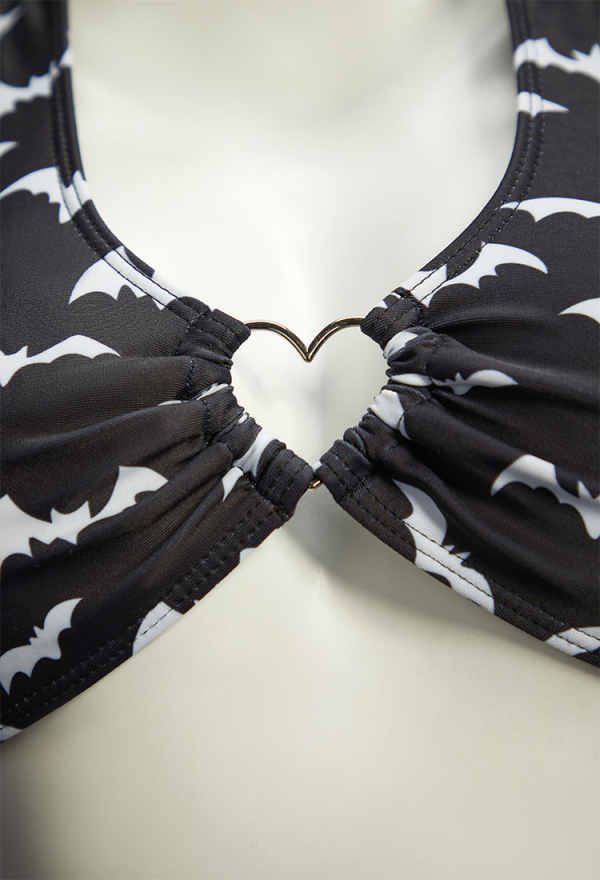 Dark Heart Bat Print Swimsuit Heart-shaped Design Top and Mini Skirt Two Pieces Black Purple Swimwear Dark Heart Bat Print Swimsuit Heart-shaped Design Top and Mini Skirt Two Pieces Black Purple Swimwear