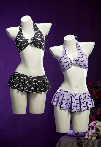 Dark Heart Bat Print Swimsuit Heart-shaped Design Top and Mini Skirt Two Pieces Black Purple Swimwear