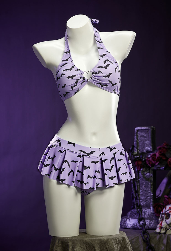 Dark Heart Bat Print Swimsuit Heart-shaped Design Top and Mini Skirt Two Pieces Black Purple Swimwear Dark Heart Bat Print Swimsuit Heart-shaped Design Top and Mini Skirt Two Pieces Black Purple Swimwear