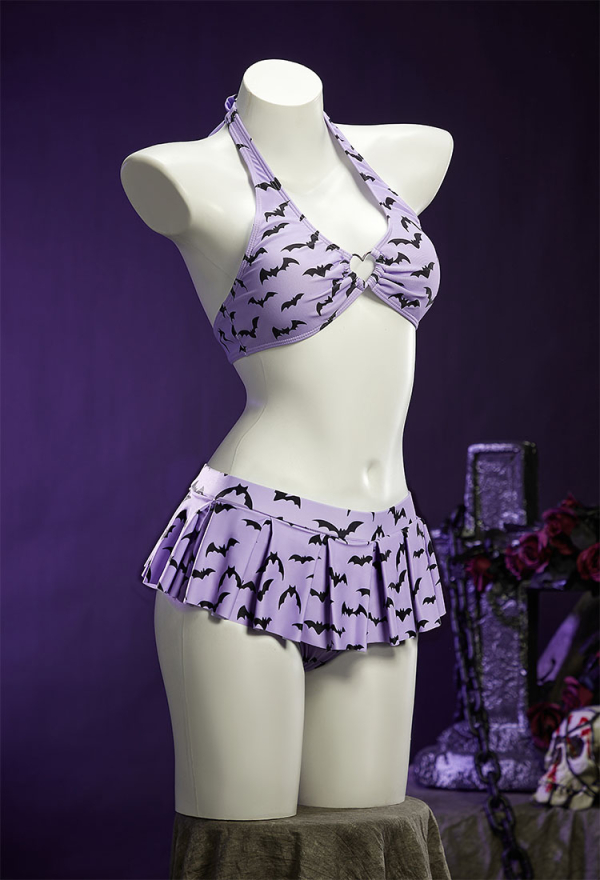 Dark Heart Bat Print Swimsuit Heart-shaped Design Top and Mini Skirt Two Pieces Black Purple Swimwear Dark Heart Bat Print Swimsuit Heart-shaped Design Top and Mini Skirt Two Pieces Black Purple Swimwear