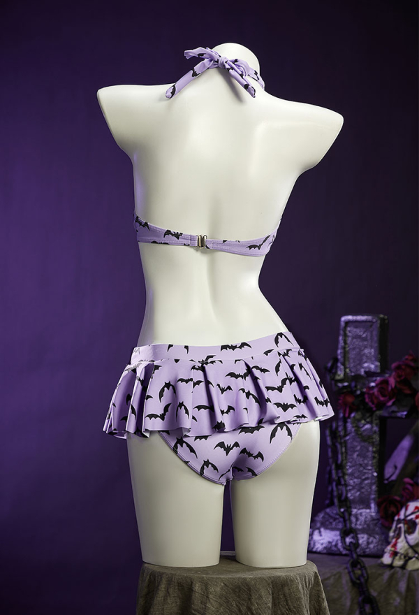 Dark Heart Bat Print Swimsuit Heart-shaped Design Top and Mini Skirt Two Pieces Black Purple Swimwear Dark Heart Bat Print Swimsuit Heart-shaped Design Top and Mini Skirt Two Pieces Black Purple Swimwear