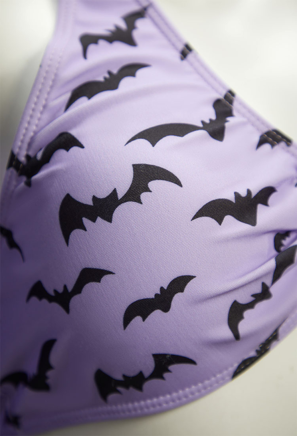 Dark Heart Bat Print Swimsuit Heart-shaped Design Top and Mini Skirt Two Pieces Black Purple Swimwear Dark Heart Bat Print Swimsuit Heart-shaped Design Top and Mini Skirt Two Pieces Black Purple Swimwear