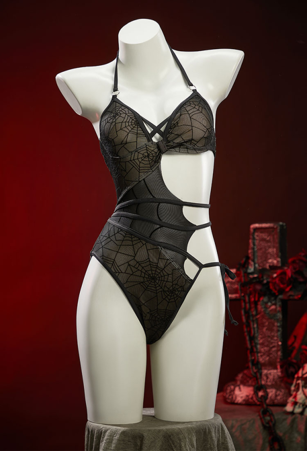 Pretty Crawler Gothic Spiderweb Design One-Piece Swimsuit Cutout Halter Bathing Suit Pretty Crawler Gothic Spiderweb Design One-Piece Swimsuit Cutout Halter Bathing Suit