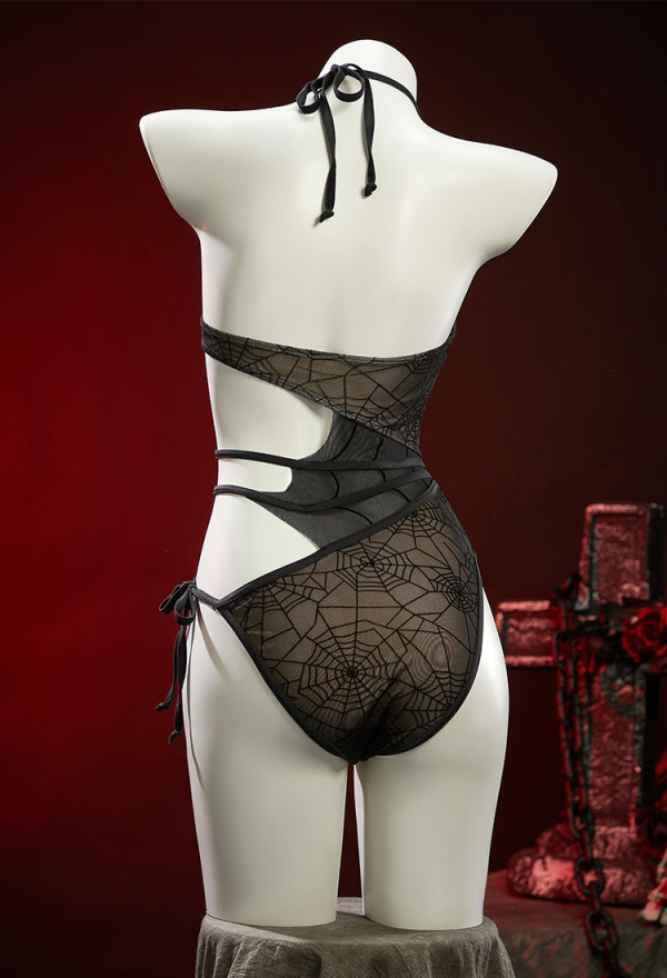 Pretty Crawler Gothic Spiderweb Design One-Piece Swimsuit Cutout Halter Bathing Suit Pretty Crawler Gothic Spiderweb Design One-Piece Swimsuit Cutout Halter Bathing Suit