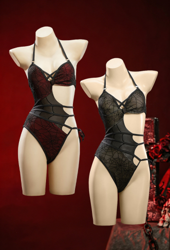 Pretty Crawler Gothic Spiderweb Design One-Piece Swimsuit Cutout Halter Bathing Suit