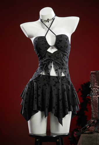 Wings of Summer Gothic Black Butterfly Pattern Two-Piece Swimsuit Irregular Halter Cutout Top and Skirt Bathing Suit with Necklace