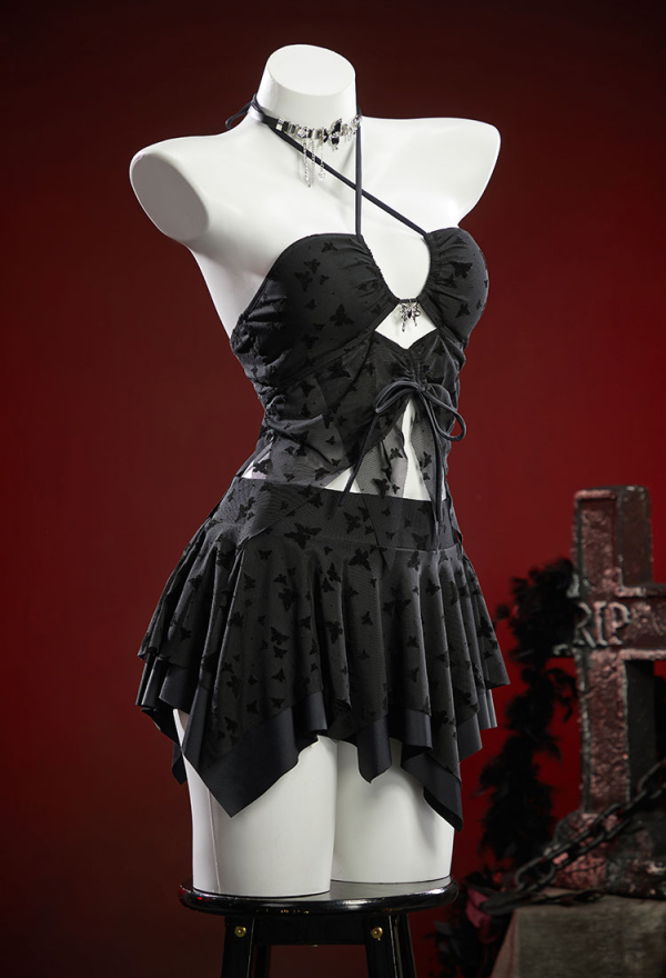 Wings of Summer Gothic Black Butterfly Pattern Two-Piece Swimsuit Irregular Halter Cutout Top and Skirt Bathing Suit with Necklace