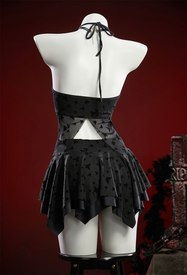 Wings of Summer Gothic Black Butterfly Pattern Two-Piece Swimsuit Irregular Halter Cutout Top and Skirt Bathing Suit with Necklace