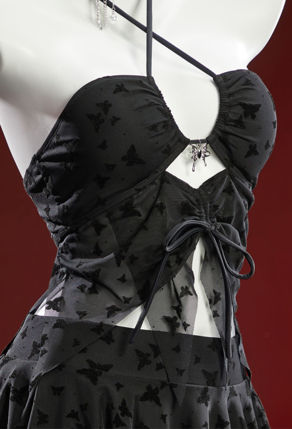 Wings of Summer Gothic Black Butterfly Pattern Two-Piece Swimsuit Irregular Halter Cutout Top and Skirt Bathing Suit with Necklace
