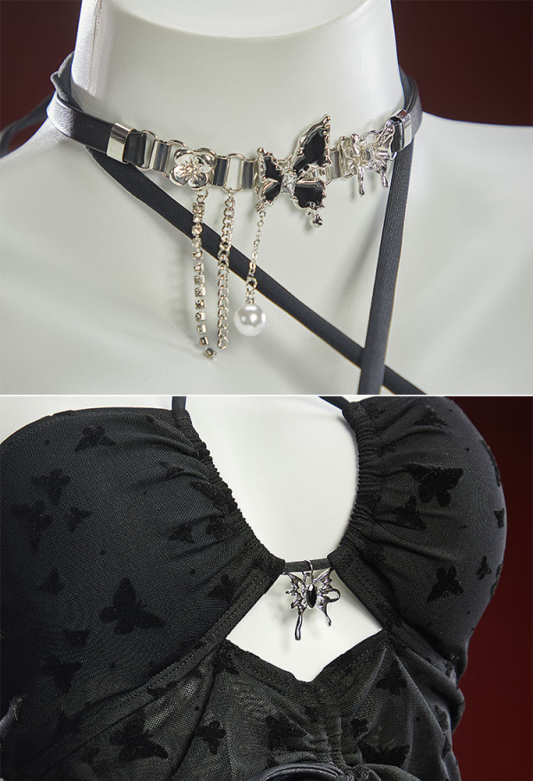 Wings of Summer Gothic Black Butterfly Pattern Two-Piece Swimsuit Irregular Halter Cutout Top and Skirt Bathing Suit with Necklace