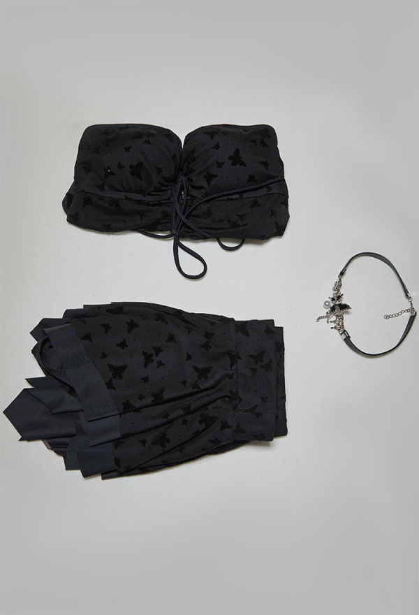 Wings of Summer Gothic Black Butterfly Pattern Two-Piece Swimsuit Irregular Halter Cutout Top and Skirt Bathing Suit with Necklace