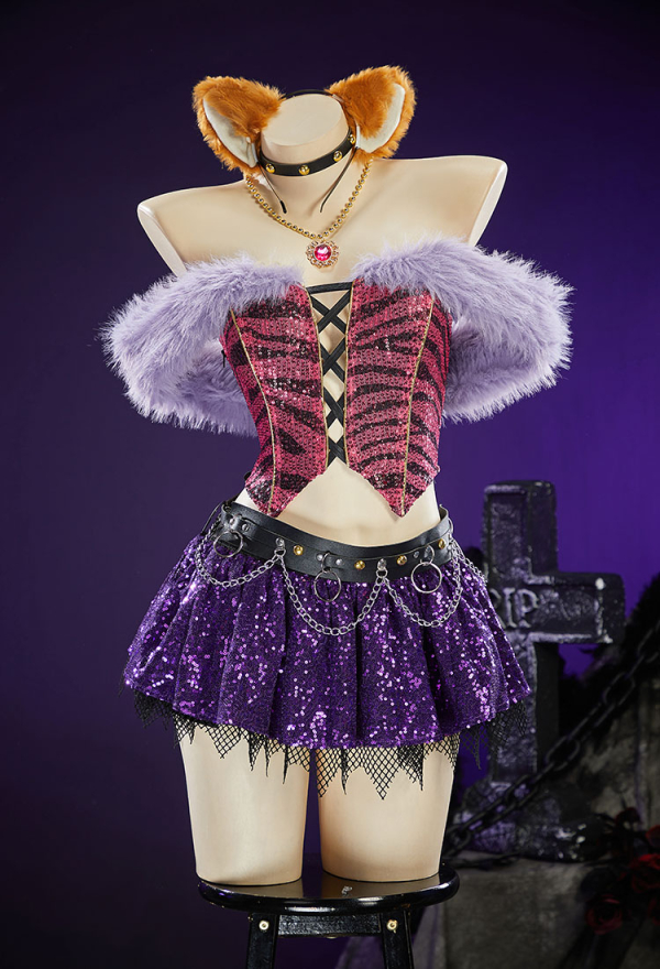 Haunted Night Gothic Plush Set Patterned Off-Shoulder Lace Up Top with Layered Skirt and Sleeves Haunted Night Gothic Plush Set Patterned Off-Shoulder Lace Up Top with Layered Skirt and Sleeves