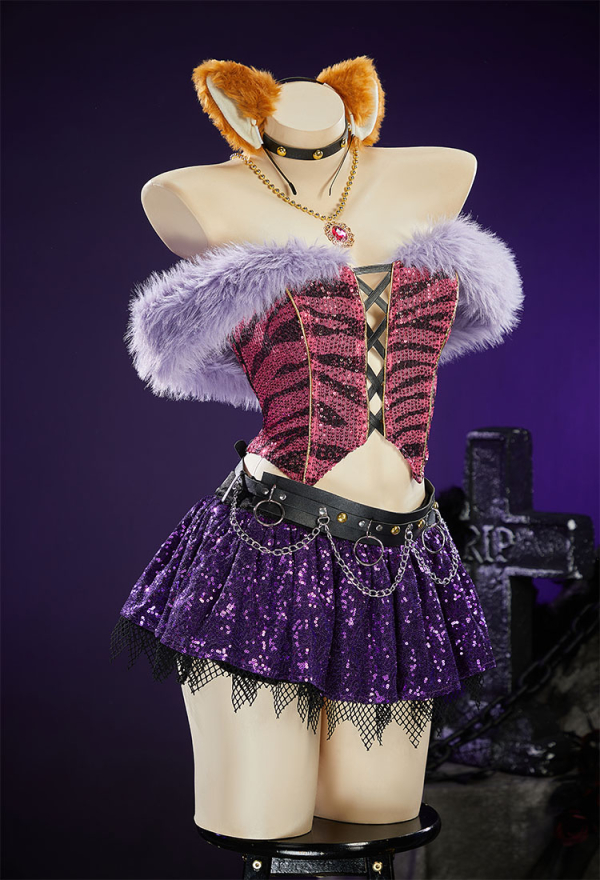 Haunted Night Gothic Plush Set Patterned Off-Shoulder Lace Up Top with Layered Skirt and Sleeves Haunted Night Gothic Plush Set Patterned Off-Shoulder Lace Up Top with Layered Skirt and Sleeves