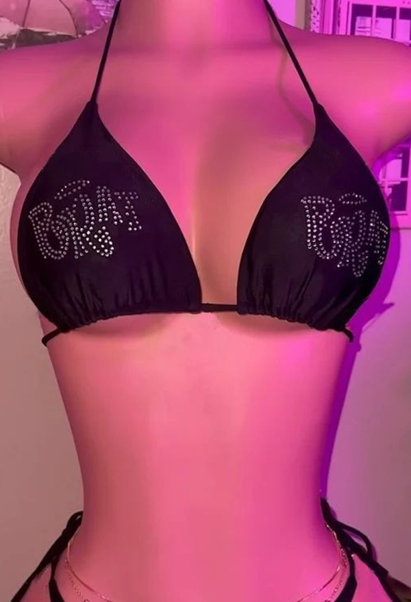 Gothic Black Rhinestone Letter Bikini Set Dark Y2K Style Lace-up Two-piece Swimsuit