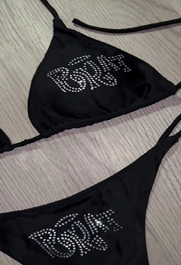 Gothic Black Rhinestone Letter Bikini Set Dark Y2K Style Lace-up Two-piece Swimsuit