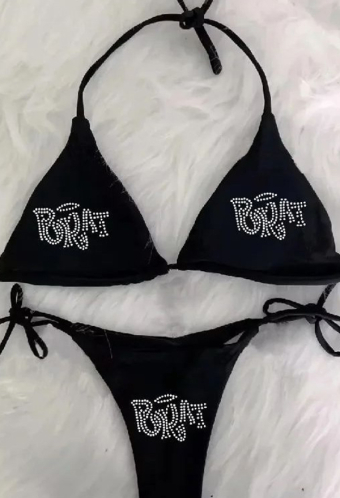 Gothic Black Rhinestone Letter Bikini Set Dark Y2K Style Lace-up Two-piece Swimsuit