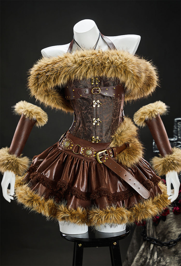 Scar's Shadow Gothic Brown Furry Lion Suit Halter Lace-up Top with Skirt and Fur Collar
