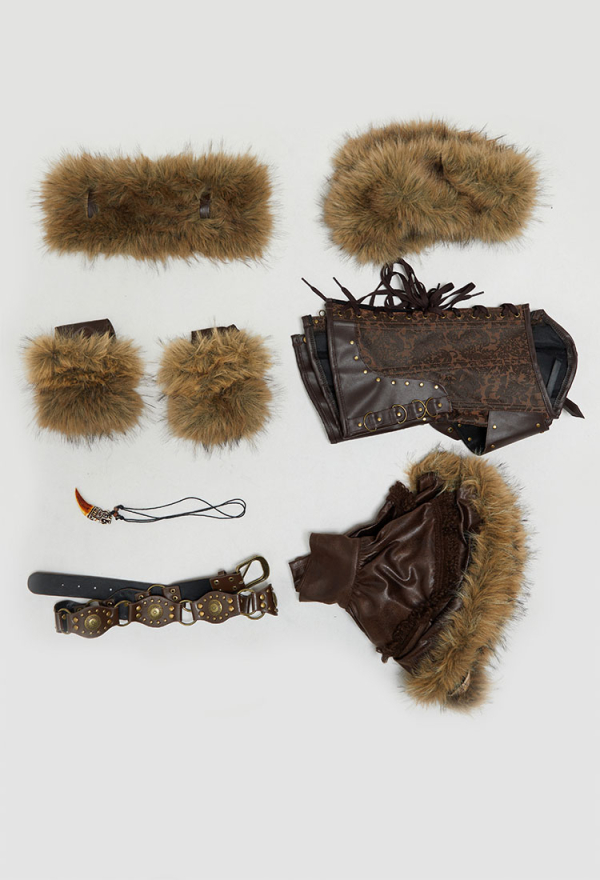 Scar's Shadow Gothic Brown Furry Lion Suit Halter Lace-up Top with Skirt and Fur Collar