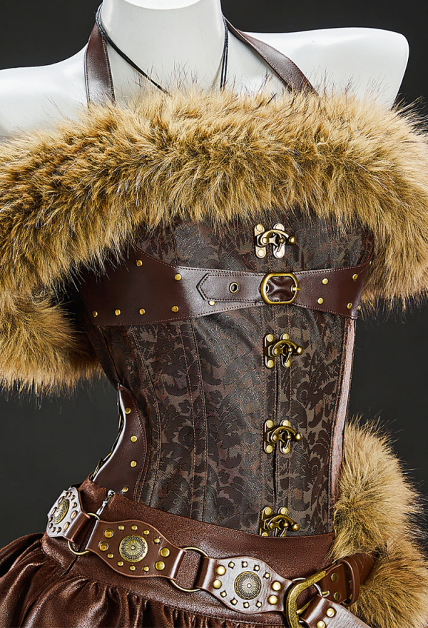 Scar's Shadow Gothic Brown Furry Lion Suit Halter Lace-up Top with Skirt and Fur Collar