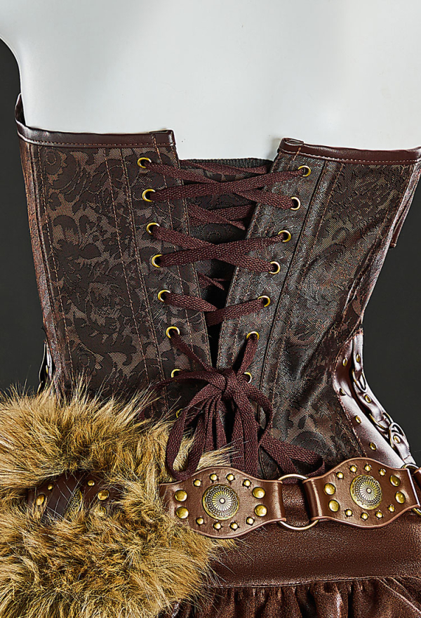Scar's Shadow Gothic Brown Furry Lion Suit Halter Lace-up Top with Skirt and Fur Collar