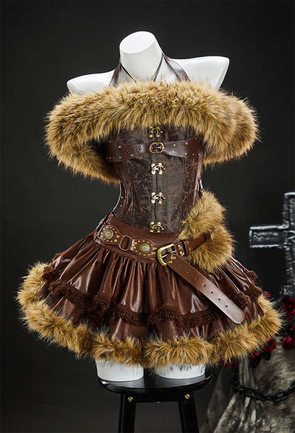 Scar's Shadow Gothic Brown Furry Lion Suit Halter Lace-up Top with Skirt and Fur Collar