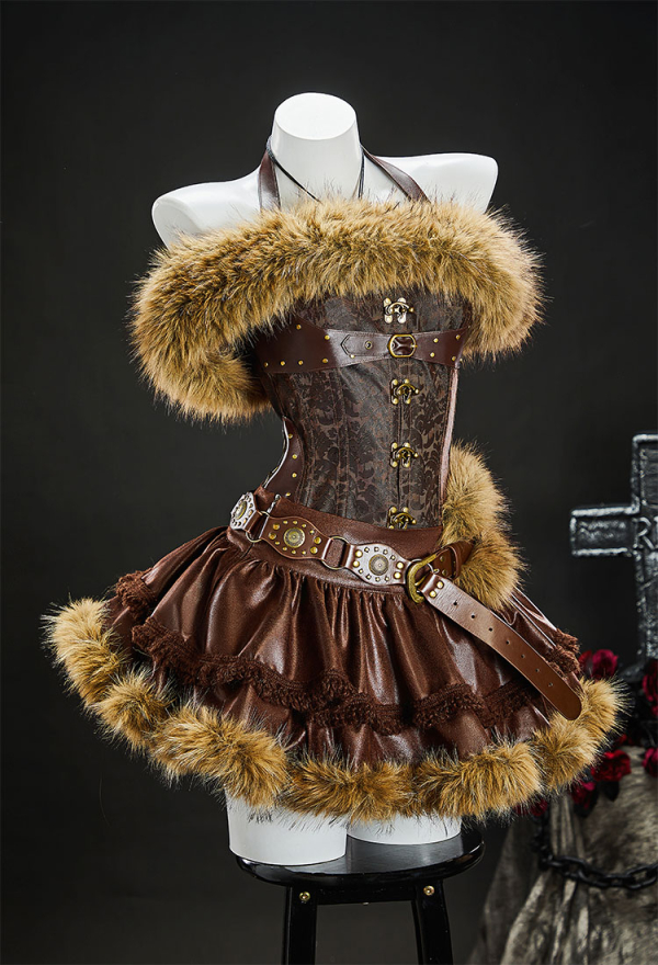 Scar's Shadow Gothic Brown Furry Lion Suit Halter Lace-up Top with Skirt and Fur Collar