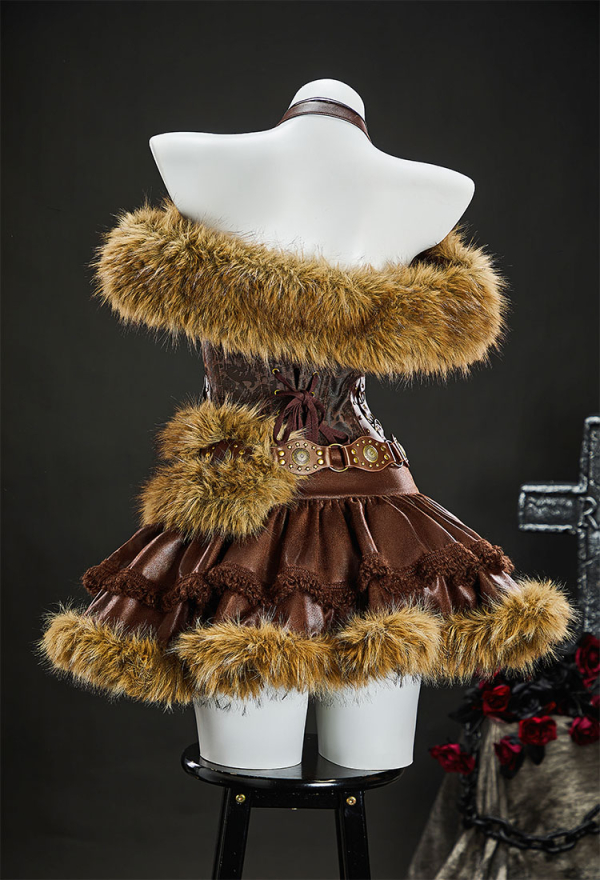 Scar's Shadow Gothic Brown Furry Lion Suit Halter Lace-up Top with Skirt and Fur Collar