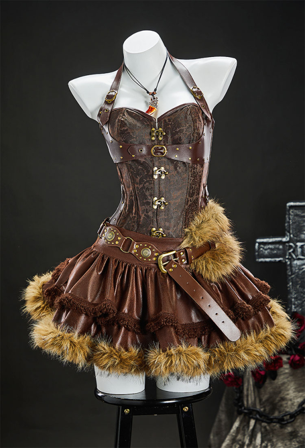 Scar's Shadow Gothic Brown Furry Lion Suit Halter Lace-up Top with Skirt and Fur Collar