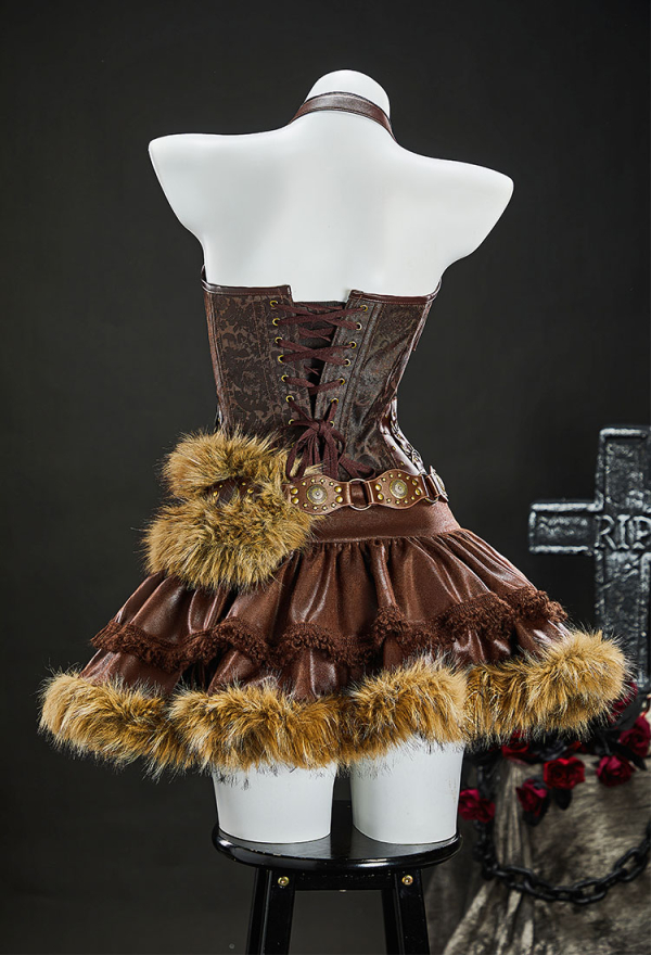 Scar's Shadow Gothic Brown Furry Lion Suit Halter Lace-up Top with Skirt and Fur Collar
