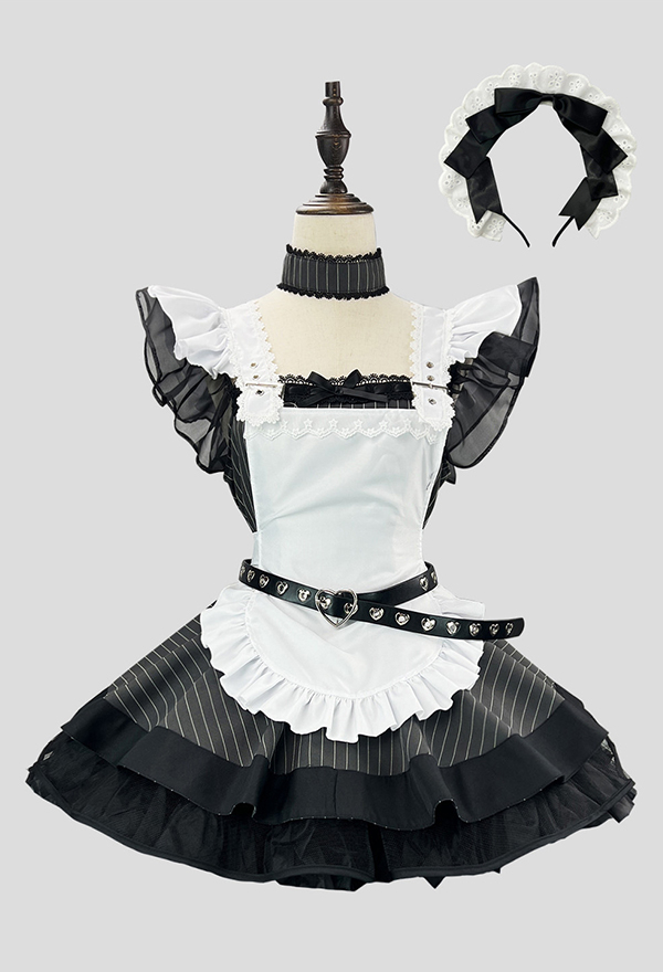 Gothic Grey White Maid Set Dark Lolita Style Striped Dress and White Apron with Hairband and Belt Gothic Grey White Maid Set Dark Lolita Style Striped Dress and White Apron with Hairband and Belt