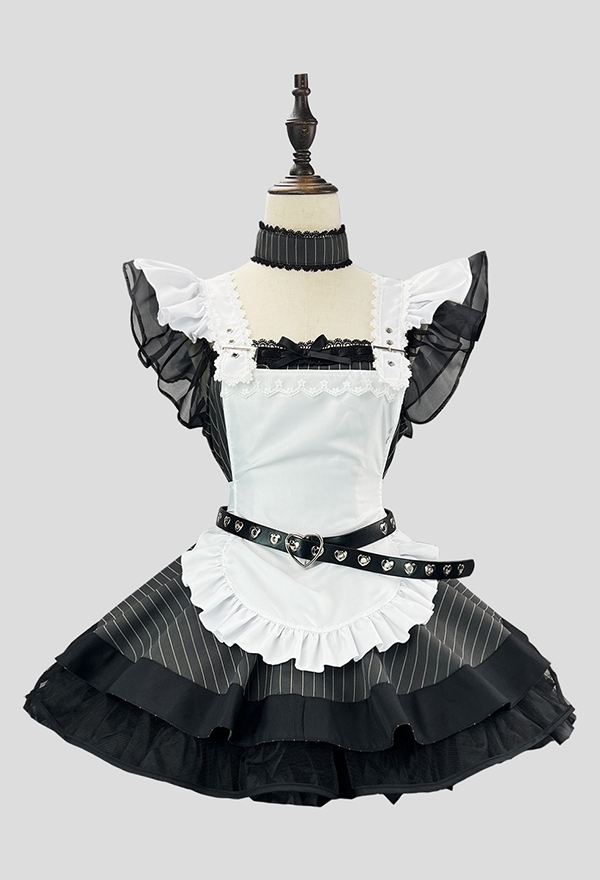 Gothic Grey White Maid Set Dark Lolita Style Striped Dress and White Apron with Hairband and Belt Gothic Grey White Maid Set Dark Lolita Style Striped Dress and White Apron with Hairband and Belt