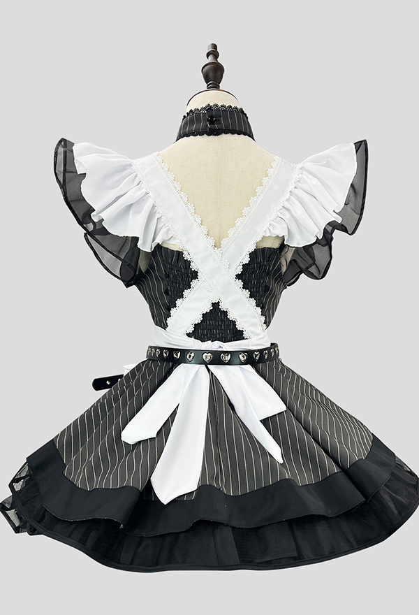 Gothic Grey White Maid Set Dark Lolita Style Striped Dress and White Apron with Hairband and Belt Gothic Grey White Maid Set Dark Lolita Style Striped Dress and White Apron with Hairband and Belt