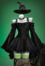 Witch's Requiem Gothic Black Dress Set Off-the-shoulder Flared Sleeve Dress with Corset and Hat