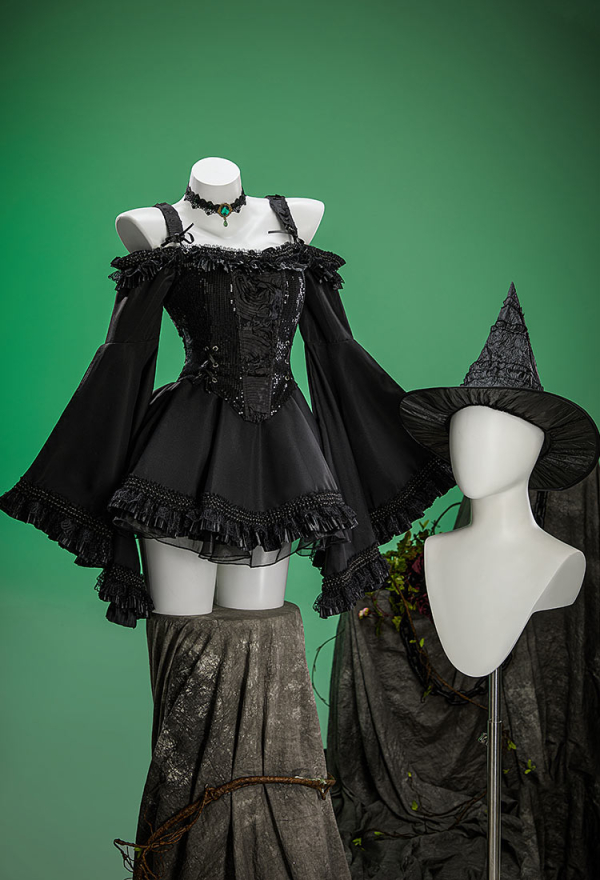Witch's Requiem Gothic Black Dress Set Off-the-shoulder Flared Sleeve Dress with Corset and Hat Witch's Requiem Gothic Black Dress Set Off-the-shoulder Flared Sleeve Dress with Corset and Hat