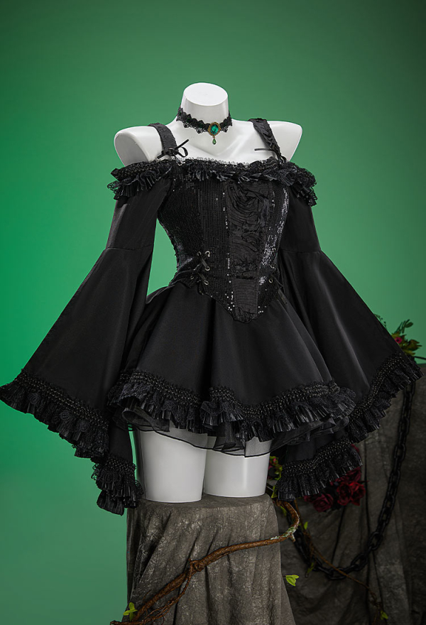 Witch's Requiem Gothic Black Dress Set Off-the-shoulder Flared Sleeve Dress with Corset and Hat Witch's Requiem Gothic Black Dress Set Off-the-shoulder Flared Sleeve Dress with Corset and Hat