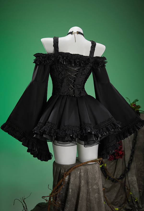 Witch's Requiem Gothic Black Dress Set Off-the-shoulder Flared Sleeve Dress with Corset and Hat Witch's Requiem Gothic Black Dress Set Off-the-shoulder Flared Sleeve Dress with Corset and Hat