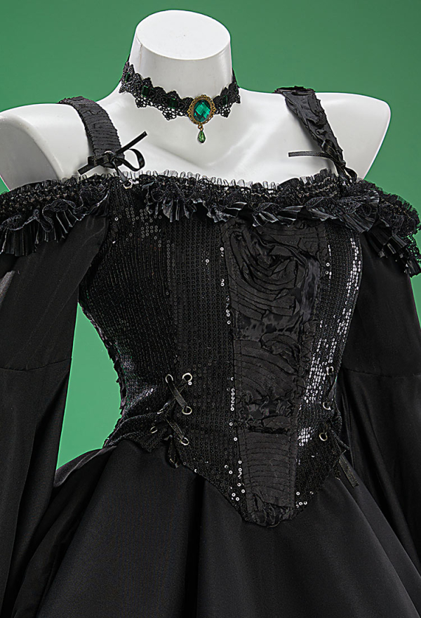 Witch's Requiem Gothic Black Dress Set Off-the-shoulder Flared Sleeve Dress with Corset and Hat Witch's Requiem Gothic Black Dress Set Off-the-shoulder Flared Sleeve Dress with Corset and Hat