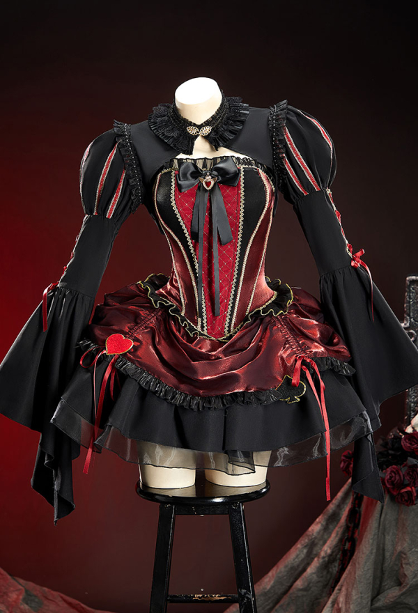 Queen Crimson Halloween Gothic Black Red Set Dark Court Style Off-Shoulder Top and Drawstring Skirt with Jacket Queen Crimson Halloween Gothic Black Red Set Dark Court Style Off-Shoulder Top and Drawstring Skirt with Jacket