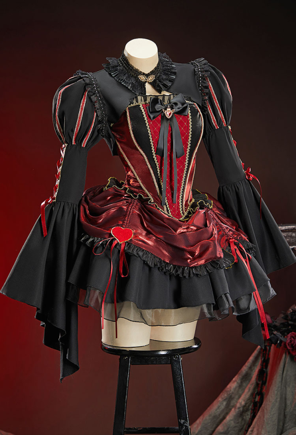Queen Crimson Halloween Gothic Black Red Set Dark Court Style Off-Shoulder Top and Drawstring Skirt with Jacket Queen Crimson Halloween Gothic Black Red Set Dark Court Style Off-Shoulder Top and Drawstring Skirt with Jacket