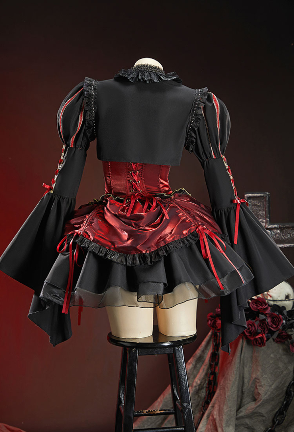 Queen Crimson Halloween Gothic Black Red Set Dark Court Style Off-Shoulder Top and Drawstring Skirt with Jacket Queen Crimson Halloween Gothic Black Red Set Dark Court Style Off-Shoulder Top and Drawstring Skirt with Jacket