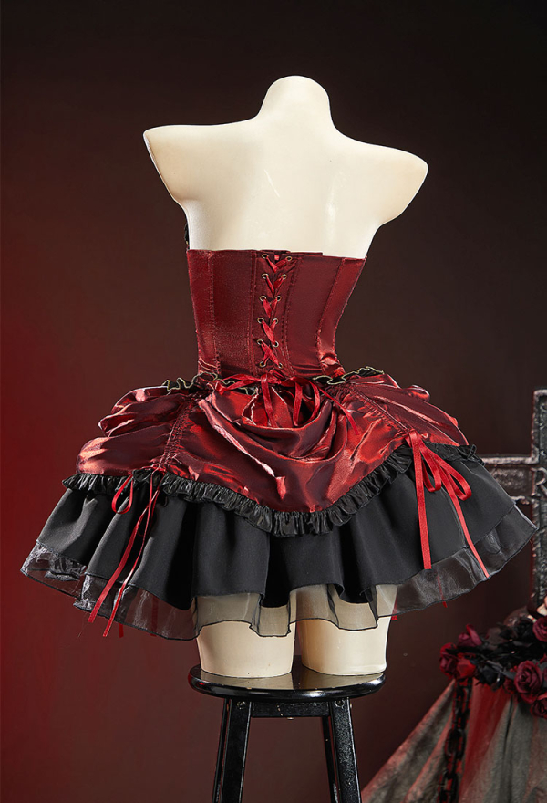 Queen Crimson Halloween Gothic Black Red Set Dark Court Style Off-Shoulder Top and Drawstring Skirt with Jacket Queen Crimson Halloween Gothic Black Red Set Dark Court Style Off-Shoulder Top and Drawstring Skirt with Jacket