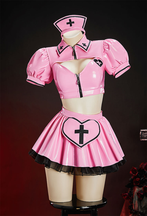 Heart Healer Gothic Nurse Glossy Faux Leather Outfit Puff Sleeve Cutout Crop Top with Pleated Skirt and Headband